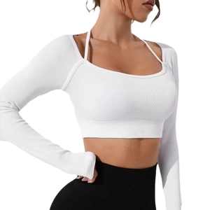 Weißes geripptes Yoga-Langarm-Crop-Top mit Neckholder-Detail und schmaler Passform
