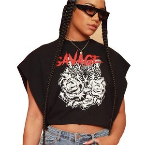 T-shirt sans manches noir pour femme avec imprimé graphique Savage léopard et rose