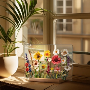 Macro detail of acrylic plant ornament with colorful flowers and sturdy wood base