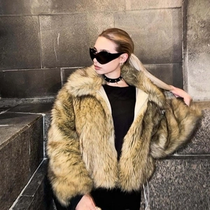 Women's casual short faux fur jacket in brown featuring a loose fit and zipper closure