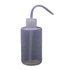 250ml translucent plastic squeeze wash bottle with curved nozzle and scale markings