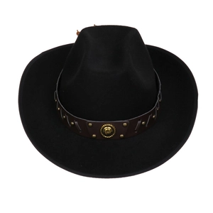 Detail of wool western cowboy hat featuring brown leather band with gold studs and badge