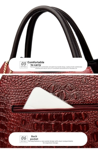 Detail view of red crocodile pattern handbag featuring double handles and rear zip pocket