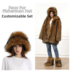 Dettaglio del set invernale in finta pelliccia con cappello a secchiello e cappotto lungo