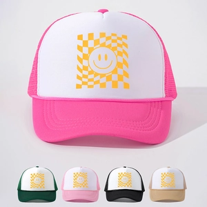Smiley Face Checkerboard Trucker Hat Breathable Mesh Adjustable Curved Brim Sun Protection Outdoor Retro Streetwear Cap