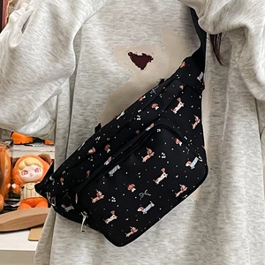 Black casual fanny pack with cute dachshund cartoon prints and adjustable fabric strap
