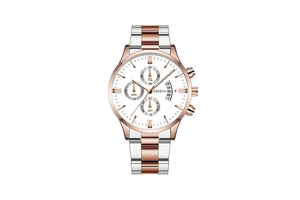 Detailed view of white dial with rose gold markers and two-tone steel watch band