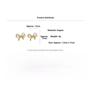 Detailed size chart for minimalist gold bow earrings measuring 1.5cm by 1.1cm