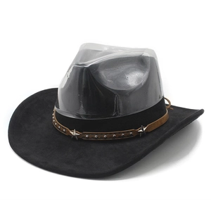 Detail of black suede fedora hat featuring brown leather band with silver star studs