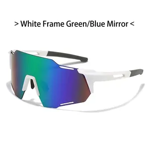 Detail of white cycling sunglasses with large green mirrored wrap-around lens