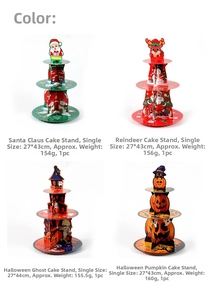 Three-tier cardboard cupcake stands featuring festive Christmas and Halloween patterns