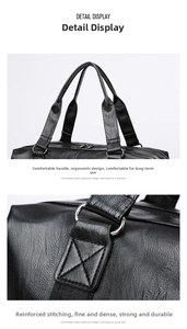 Close-up of pebble leather handles and reinforced stitching on black travel bag