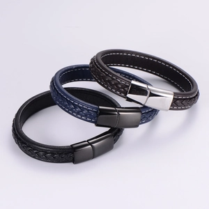 Classic braided leather bracelets for men with magnetic clasps in black, brown and blue