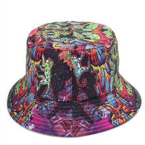 Detailed close-up of vibrant graffiti print and neat stitching on a reversible bucket hat