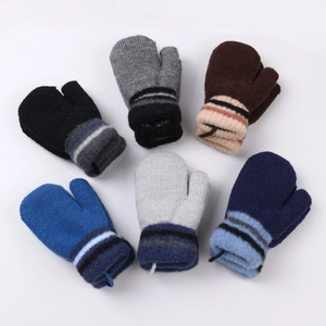 Set of six colorful fleece-lined knitted baby mittens with hanging neck string