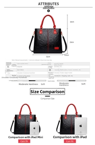 Detailed dimension guide and size comparison of the embossed leather tote bag with iPad