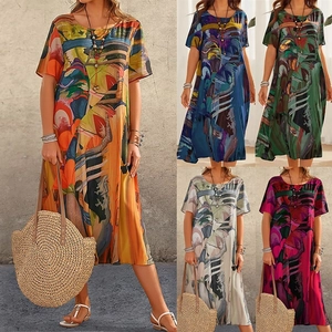Women Casual Abstract Print Maxi Dress Summer Round Neck Short Sleeve Loose Boho Beach Long Dress Plus Size Holiday Outfit