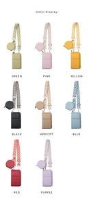 Collage of crossbody phone bags with patterned straps in eight different vibrant colors