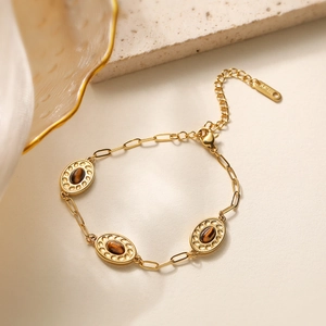 Vintage 18K gold plated stainless steel bracelet with oval tiger eye stones and chain