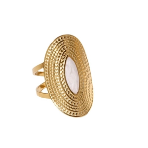 Retro wide 18K gold plated stainless steel ring with white shell inlay for women