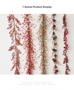 Detailed view of artificial Christmas red berry garlands with pine cones and green leaves