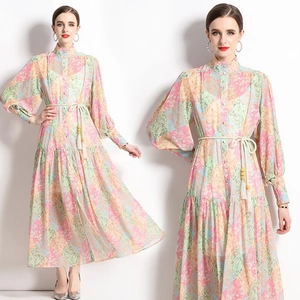 Women Boho Patchwork Floral Maxi Dress Chiffon Stand Collar Lantern Sleeve Tassel Belt Elegant Flowy Long Dress