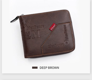 Close-up of deep brown pebbled leather men's tri-fold wallet with zipper and branding