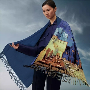 Artistic Van Gogh Cafe Terrace oil painting scarf in navy blue with fringe detail