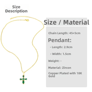 Size chart showing green zircon cross pendant dimensions and adjustable gold chain length