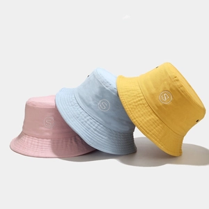 Classic cotton bucket hat with S letter embroidery in pink, light blue, and yellow colors
