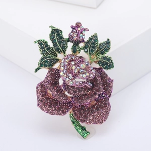 Elegant purple rose crystal brooch with green leaves and diamond accents for scarves