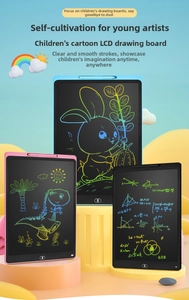 Detailed view of 12-inch LCD writing tablets in pink, blue, and black for drawing and study