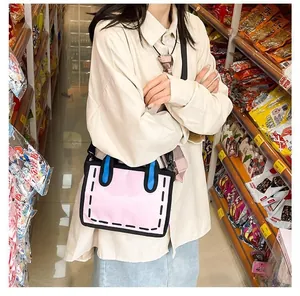 Detailed view of the 2D comic style pink canvas tote bag with bold black outlines and straps