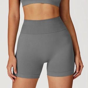 Short de yoga gris sans couture à taille haute avec ceinture de compression fitness