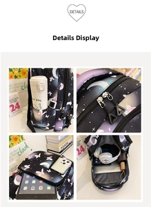 Detail view of the backpack showing side pocket, metal zipper and spacious inner compartments