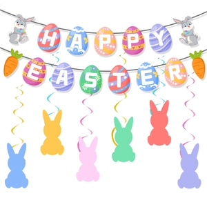 Detail of Happy Easter banner with colorful eggs and hanging spiral bunny decorations