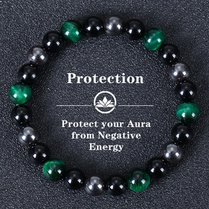 Bracelet Triple Protection Pierre Oeil De Tigre Naturelle Obsidienne Hématite Perles Bijoux De Guérison Unisexe
