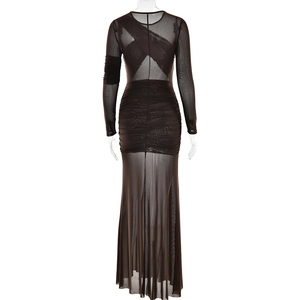 Detail of ruched mesh texture and backless lace-up design on this black long sleeve dress