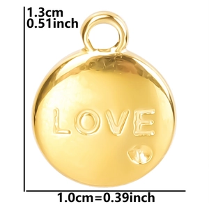 Macro shot of gold LOVE pendant with detailed diameter and height measurement specs