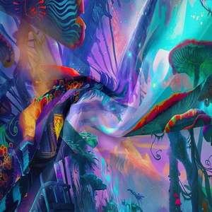 Close-up of lightweight chiffon fabric featuring a psychedelic mushroom forest pattern