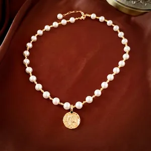 Retro 18K gold plated coin portrait pendant necklace with elegant white round pearls