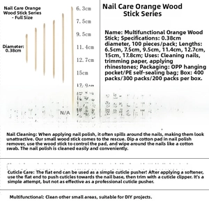 Detailed size chart showing various lengths of dual-tip orange wood nail cuticle sticks