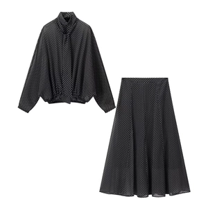Damen Polka Dot Hemd Und Langer Rock Chiffon Langarm Schleifenhals Hohe Taille Elegant Lässig Streetwear Outfit