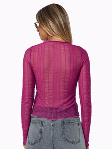 Detailed back view of rose red sheer long sleeve top with textured striped pleats