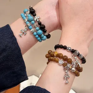 Bracelet En Perles De Pierre Naturelle Vintage Avec Pendentif Croix En Alliage Style Gothique Punk Bijoux Hommes Femmes