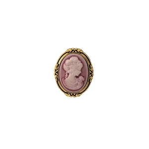 Macro detail of Victorian cameo brooch featuring a vintage lady portrait and golden frame