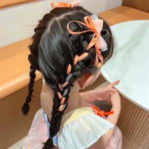 Girls long bow hair ribbon with orange satin and white mesh for braided hairstyles