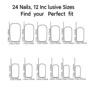 Size guide for 24 square press-on nails in 12 different sizes for a perfect fit