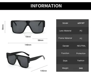 Detailed size specifications for square oversized sunglasses with frame dimensions and features