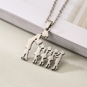 Detailed view of silver titanium steel necklace featuring a mother and four children pendant